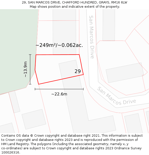 29, SAN MARCOS DRIVE, CHAFFORD HUNDRED, GRAYS, RM16 6LW: Plot and title map