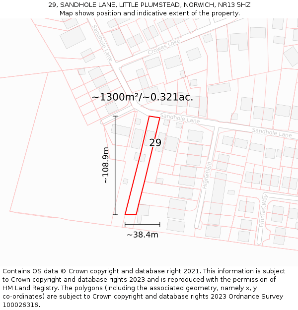 29, SANDHOLE LANE, LITTLE PLUMSTEAD, NORWICH, NR13 5HZ: Plot and title map