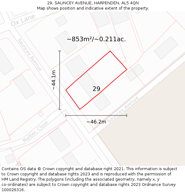 29, SAUNCEY AVENUE, HARPENDEN, AL5 4QN: Plot and title map