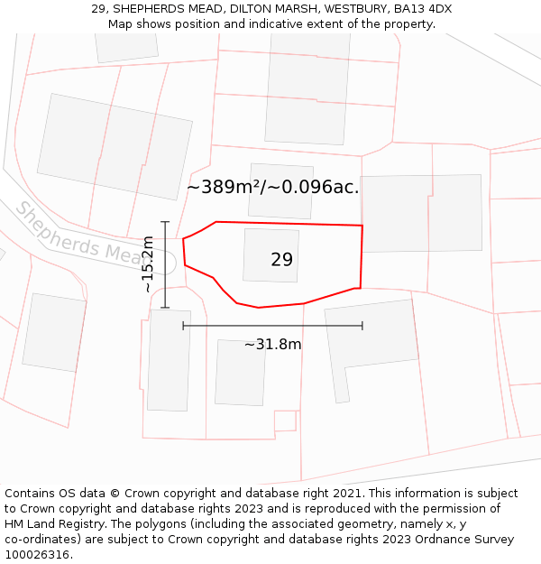 29, SHEPHERDS MEAD, DILTON MARSH, WESTBURY, BA13 4DX: Plot and title map