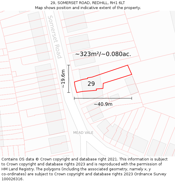 29, SOMERSET ROAD, REDHILL, RH1 6LT: Plot and title map