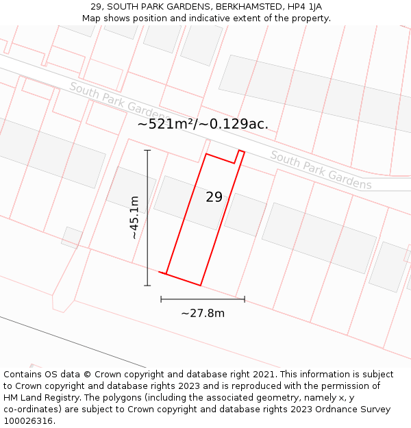 29, SOUTH PARK GARDENS, BERKHAMSTED, HP4 1JA: Plot and title map