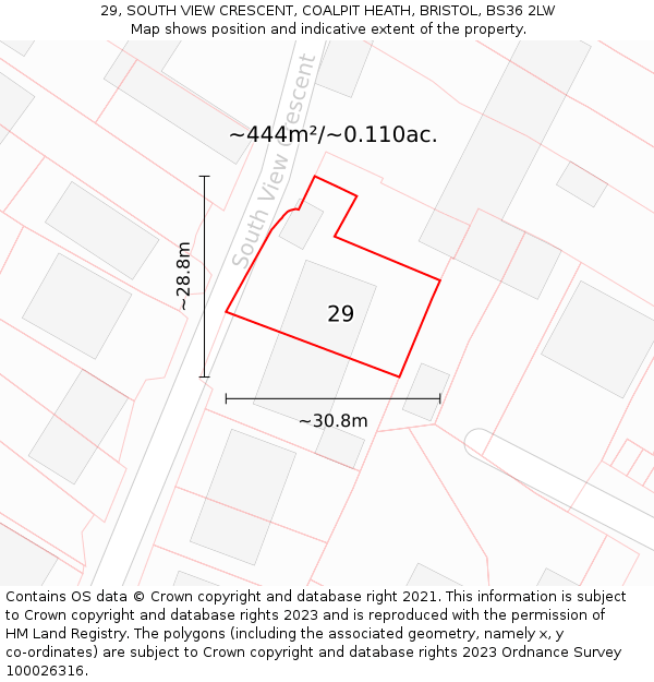 29, SOUTH VIEW CRESCENT, COALPIT HEATH, BRISTOL, BS36 2LW: Plot and title map