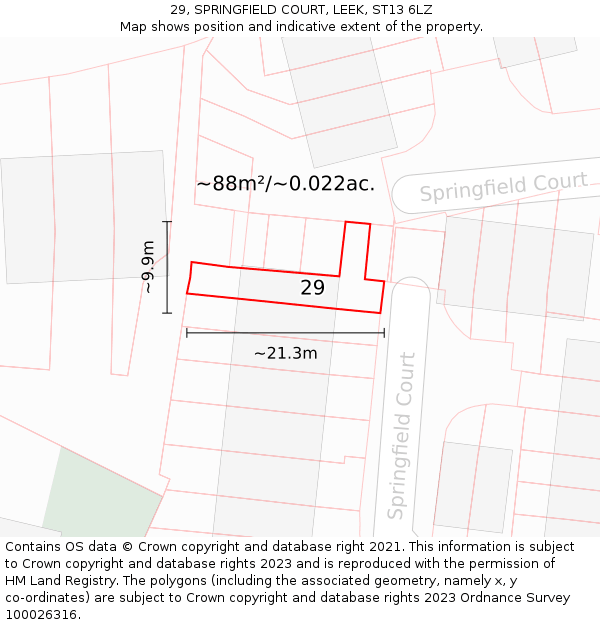 29, SPRINGFIELD COURT, LEEK, ST13 6LZ: Plot and title map