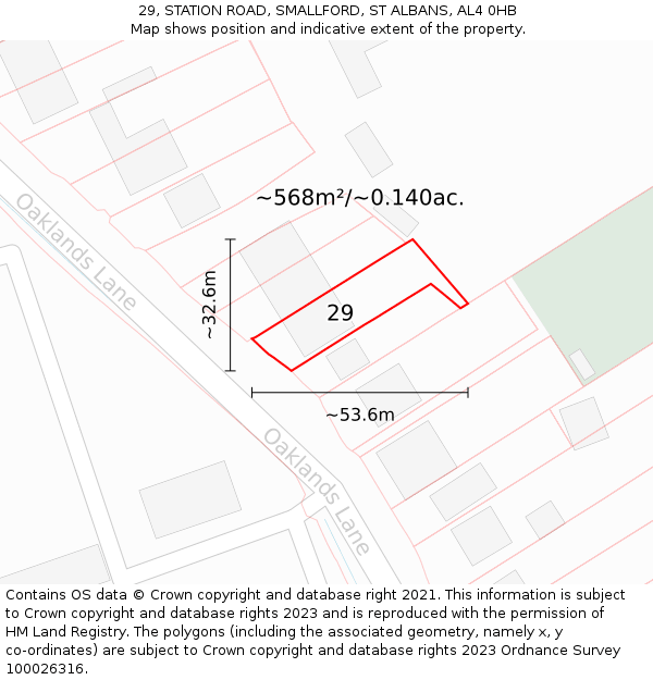 29, STATION ROAD, SMALLFORD, ST ALBANS, AL4 0HB: Plot and title map