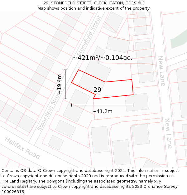 29, STONEFIELD STREET, CLECKHEATON, BD19 6LF: Plot and title map