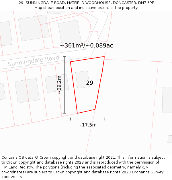 29, SUNNINGDALE ROAD, HATFIELD WOODHOUSE, DONCASTER, DN7 6PE: Plot and title map