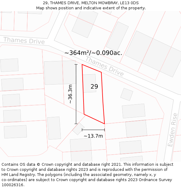 29, THAMES DRIVE, MELTON MOWBRAY, LE13 0DS: Plot and title map