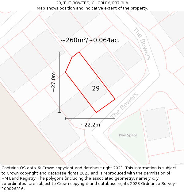 29, THE BOWERS, CHORLEY, PR7 3LA: Plot and title map