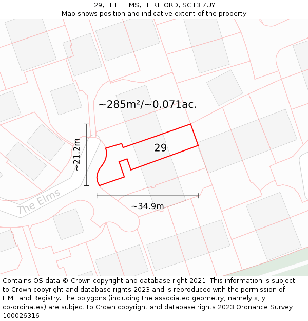 29, THE ELMS, HERTFORD, SG13 7UY: Plot and title map