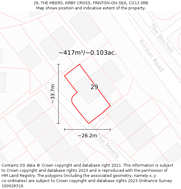 29, THE MEERS, KIRBY CROSS, FRINTON-ON-SEA, CO13 0RB: Plot and title map