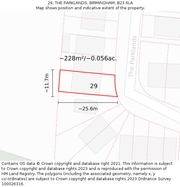 29, THE PARKLANDS, BIRMINGHAM, B23 6LA: Plot and title map