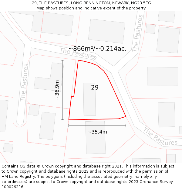 29, THE PASTURES, LONG BENNINGTON, NEWARK, NG23 5EG: Plot and title map