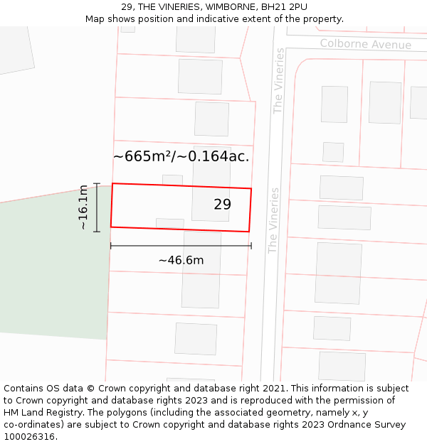 29, THE VINERIES, WIMBORNE, BH21 2PU: Plot and title map