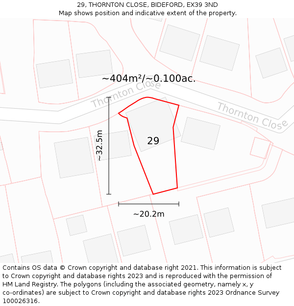 29, THORNTON CLOSE, BIDEFORD, EX39 3ND: Plot and title map