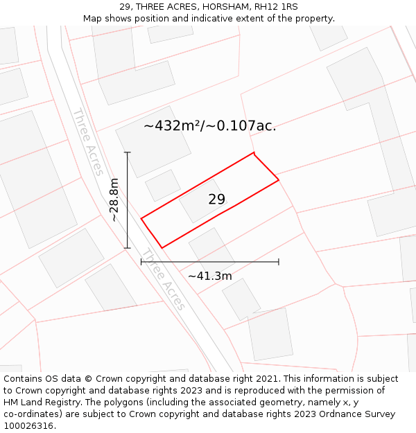 29, THREE ACRES, HORSHAM, RH12 1RS: Plot and title map
