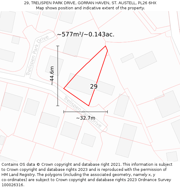 29, TRELISPEN PARK DRIVE, GORRAN HAVEN, ST. AUSTELL, PL26 6HX: Plot and title map