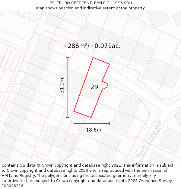 29, TRURO CRESCENT, RAYLEIGH, SS6 9RU: Plot and title map