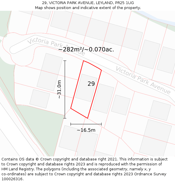 29, VICTORIA PARK AVENUE, LEYLAND, PR25 1UG: Plot and title map