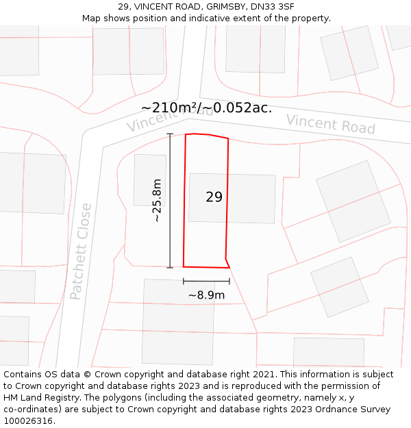 29, VINCENT ROAD, GRIMSBY, DN33 3SF: Plot and title map