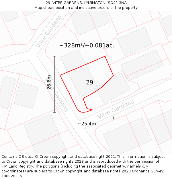 29, VITRE GARDENS, LYMINGTON, SO41 3NA: Plot and title map