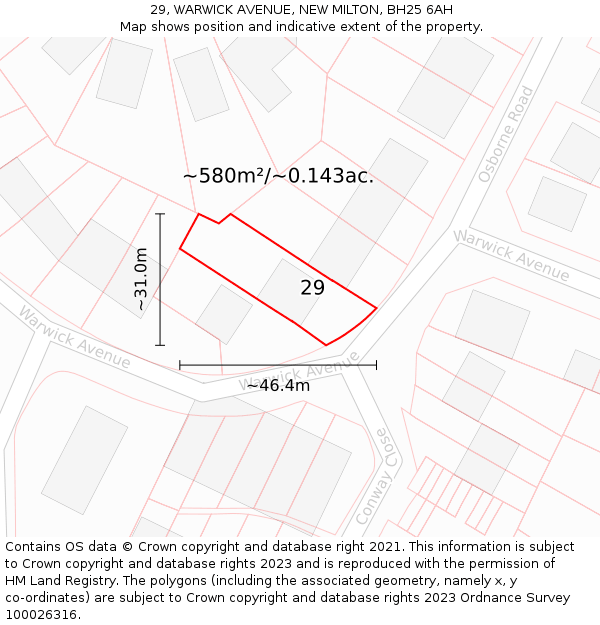 29, WARWICK AVENUE, NEW MILTON, BH25 6AH: Plot and title map