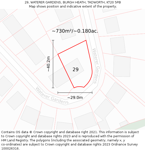 29, WATERER GARDENS, BURGH HEATH, TADWORTH, KT20 5PB: Plot and title map