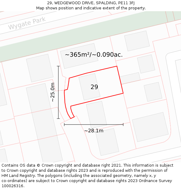 29, WEDGEWOOD DRIVE, SPALDING, PE11 3FJ: Plot and title map