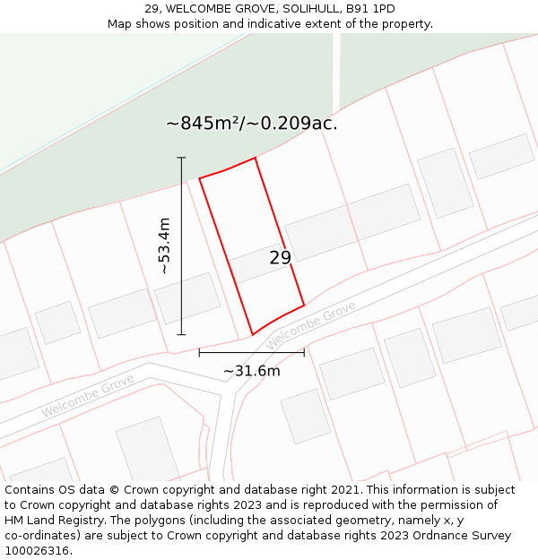 29, WELCOMBE GROVE, SOLIHULL, B91 1PD: Plot and title map