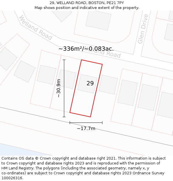 29, WELLAND ROAD, BOSTON, PE21 7PY: Plot and title map