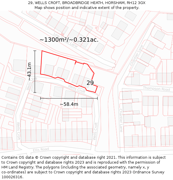 29, WELLS CROFT, BROADBRIDGE HEATH, HORSHAM, RH12 3GX: Plot and title map