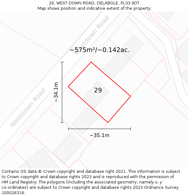 29, WEST DOWN ROAD, DELABOLE, PL33 9DT: Plot and title map