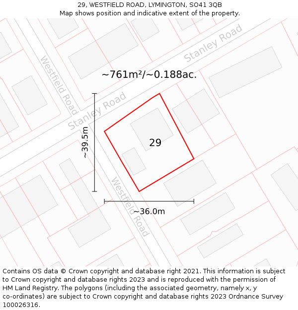 29, WESTFIELD ROAD, LYMINGTON, SO41 3QB: Plot and title map