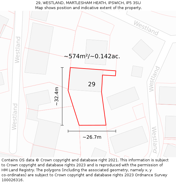 29, WESTLAND, MARTLESHAM HEATH, IPSWICH, IP5 3SU: Plot and title map