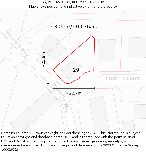 29, WILLIAMS WAY, BELFORD, NE70 7NX: Plot and title map