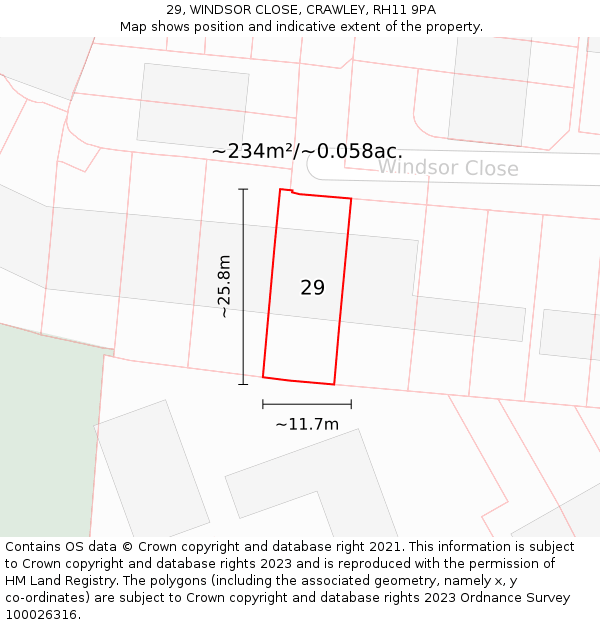 29, WINDSOR CLOSE, CRAWLEY, RH11 9PA: Plot and title map