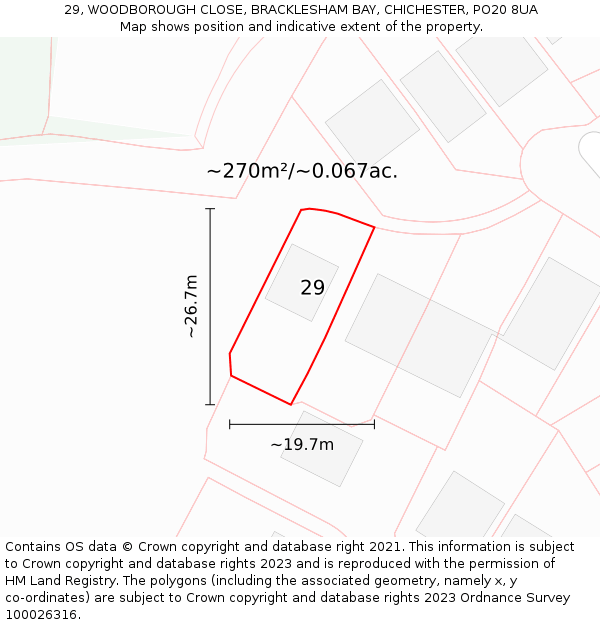 29, WOODBOROUGH CLOSE, BRACKLESHAM BAY, CHICHESTER, PO20 8UA: Plot and title map