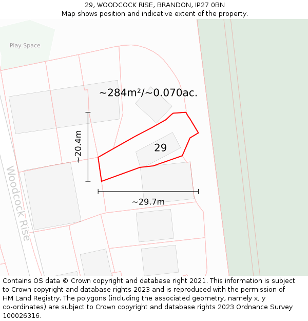 29, WOODCOCK RISE, BRANDON, IP27 0BN: Plot and title map