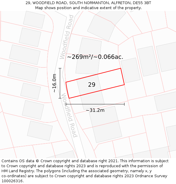 29, WOODFIELD ROAD, SOUTH NORMANTON, ALFRETON, DE55 3BT: Plot and title map