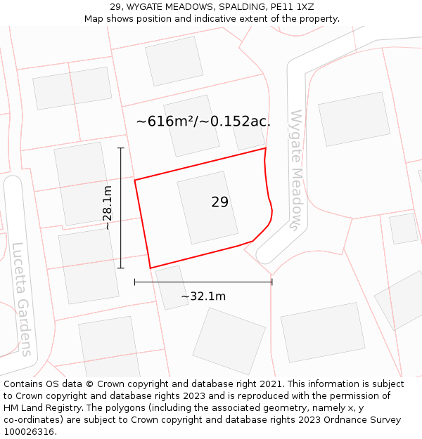 29, WYGATE MEADOWS, SPALDING, PE11 1XZ: Plot and title map