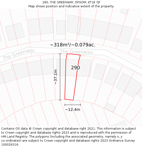 290, THE GREENWAY, EPSOM, KT18 7JF: Plot and title map