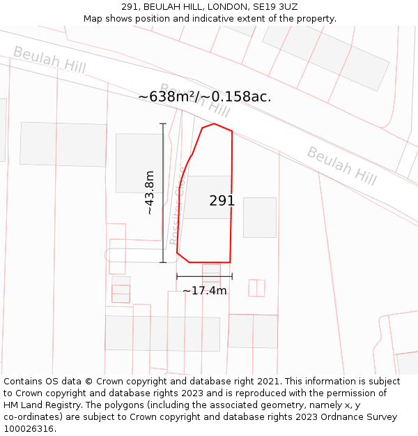 291, BEULAH HILL, LONDON, SE19 3UZ: Plot and title map