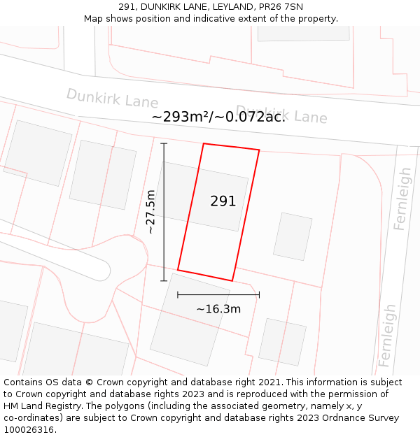 291, DUNKIRK LANE, LEYLAND, PR26 7SN: Plot and title map