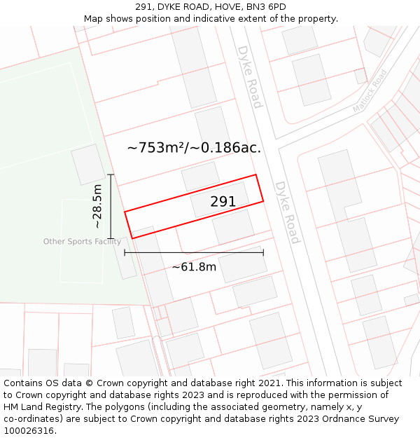 291, DYKE ROAD, HOVE, BN3 6PD: Plot and title map