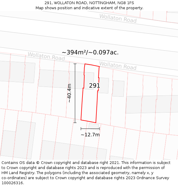 291, WOLLATON ROAD, NOTTINGHAM, NG8 1FS: Plot and title map