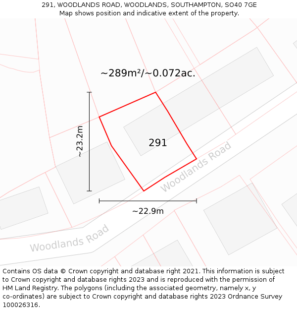 291, WOODLANDS ROAD, WOODLANDS, SOUTHAMPTON, SO40 7GE: Plot and title map