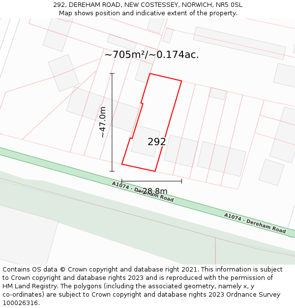 292, DEREHAM ROAD, NEW COSTESSEY, NORWICH, NR5 0SL: Plot and title map