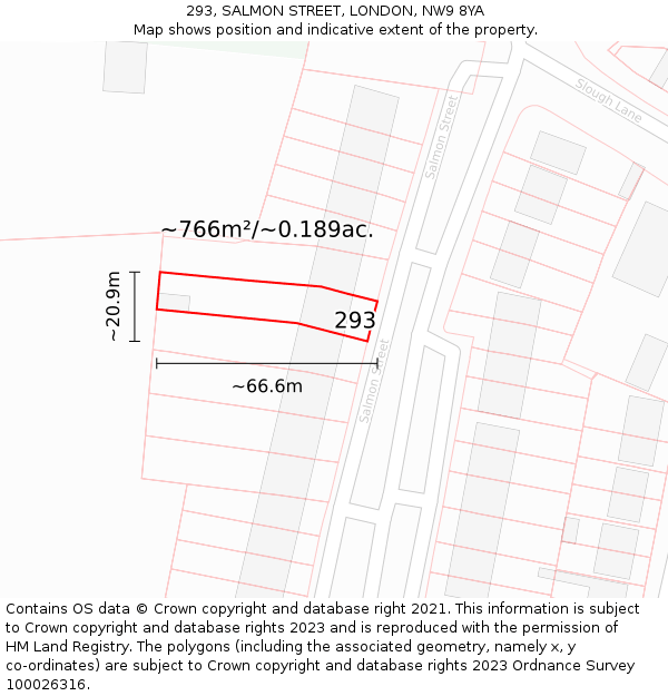 293, SALMON STREET, LONDON, NW9 8YA: Plot and title map