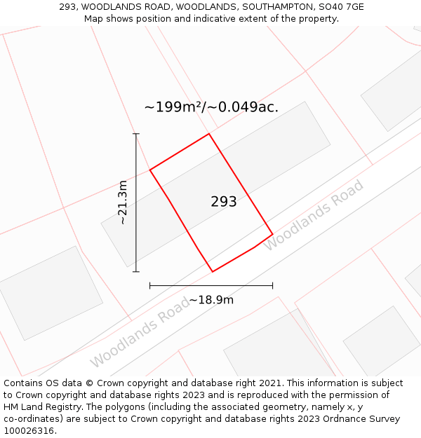 293, WOODLANDS ROAD, WOODLANDS, SOUTHAMPTON, SO40 7GE: Plot and title map