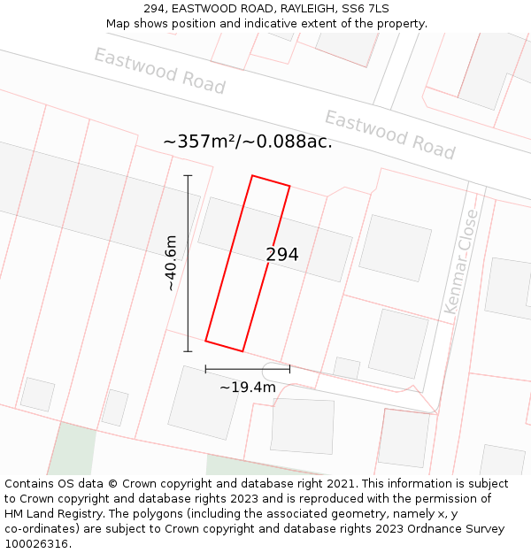 294, EASTWOOD ROAD, RAYLEIGH, SS6 7LS: Plot and title map